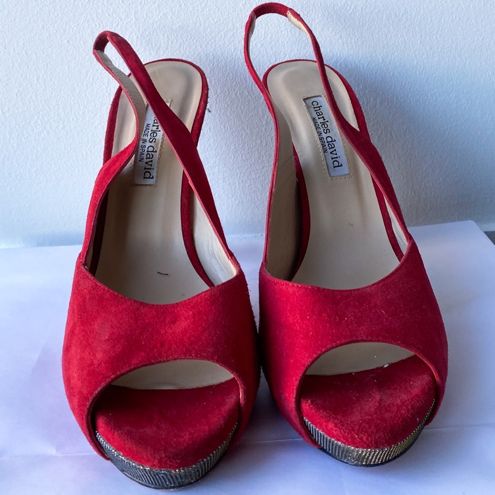Red suede sling back platform heels